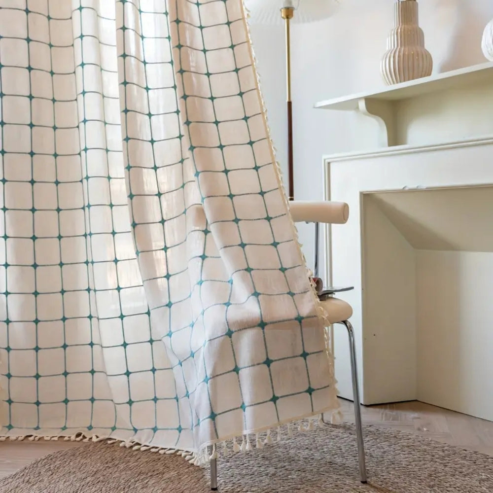 Aqua Geometric Tassel Window Drapes for Chic Interiors