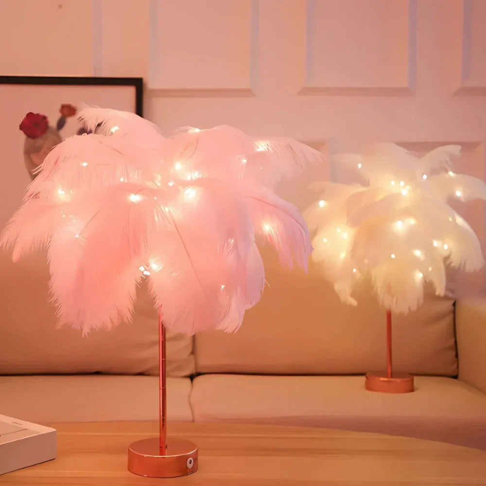 Remote-Controlled LED Nightstand Lamp with Feather Palm Design