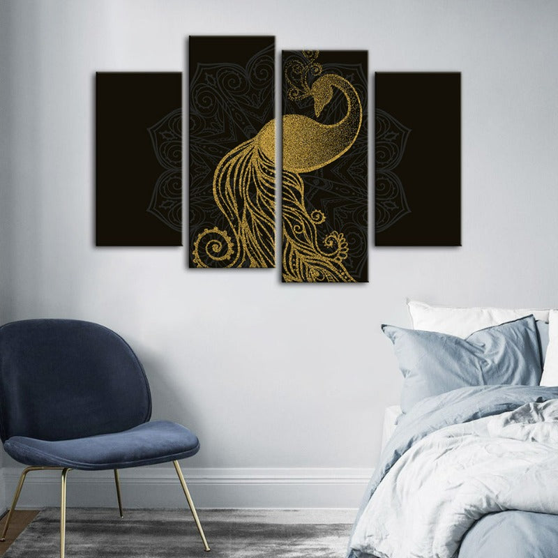Elegant Golden Mandala Peacock Art Set - 4 Canvas Pieces