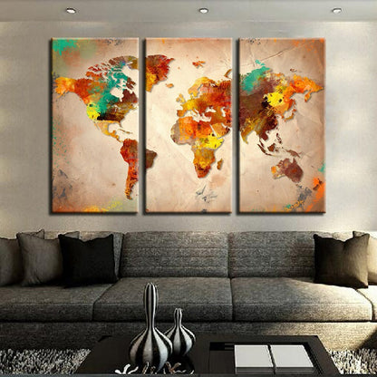 Set of 3 Canvas Wall Art - Colorful Abstract World Map