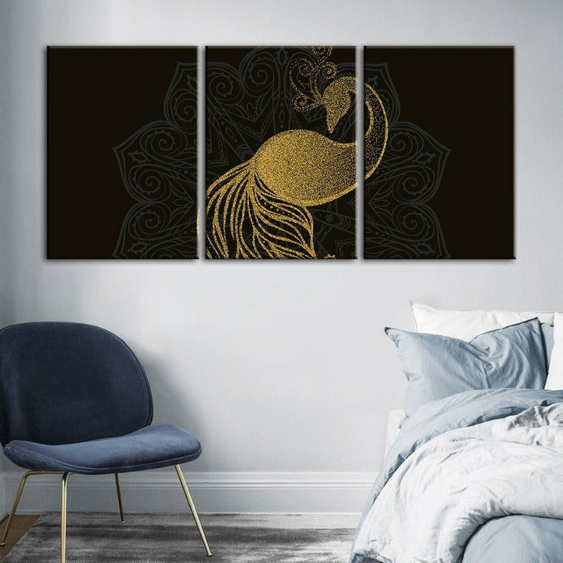Tranquil Golden Peacock Mandala - 3-Piece Canvas Art Set