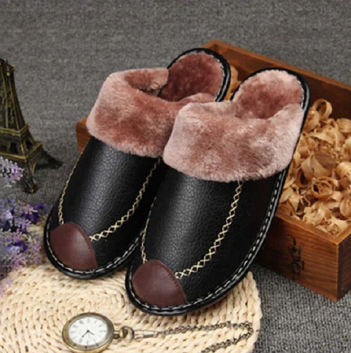 Thick Plus Velvet Leather Slippers for Men – Warm Winter Footwear
