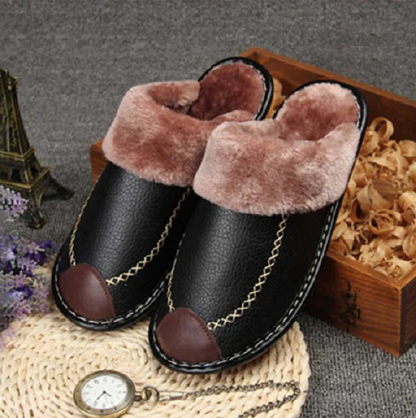 Thick Plus Velvet Leather Slippers for Men – Warm Winter Footwear