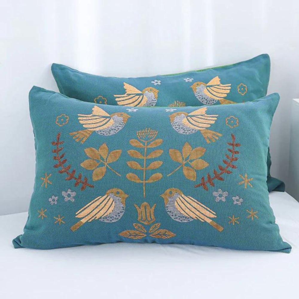 Artisan Floral and Avian Cotton Pillowcases (Set of 2)