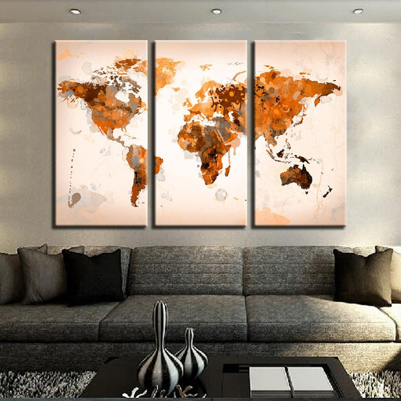 Set of 3 Abstract Canvas Wall Art - Brown World Map Design