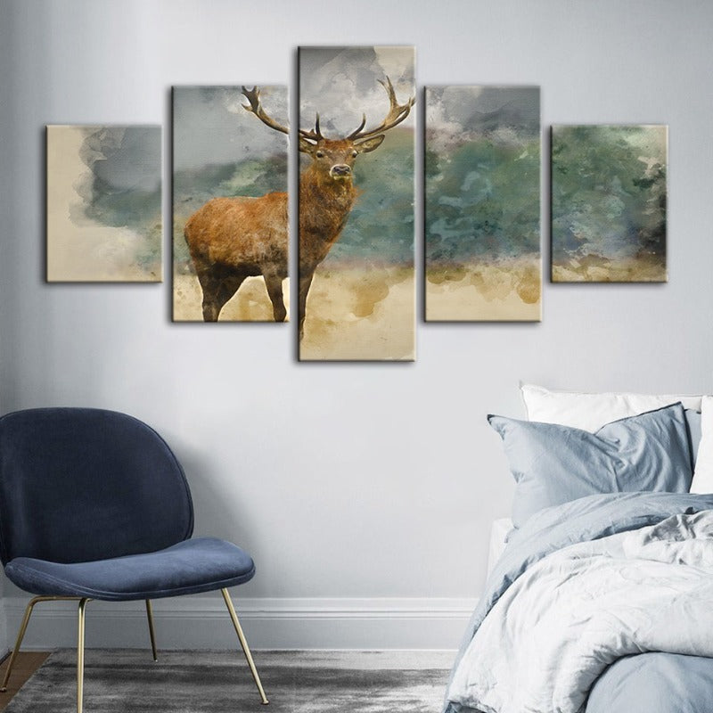 Tranquil Deer in Watercolor - 5 Piece Canvas Art Set