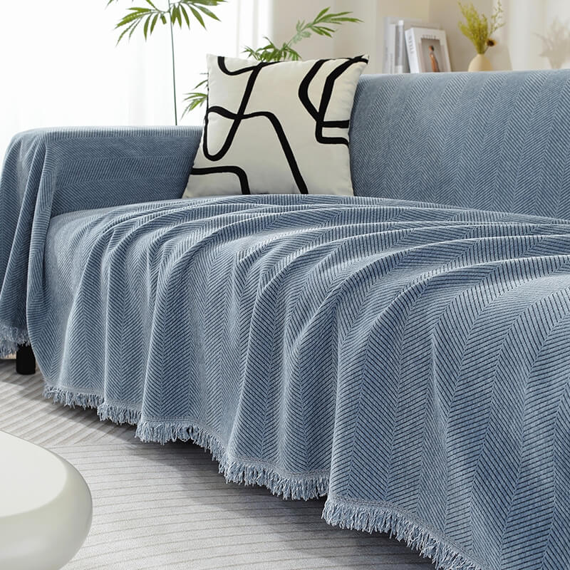 Chenille Herringbone Blanket with Tassels for Sofa