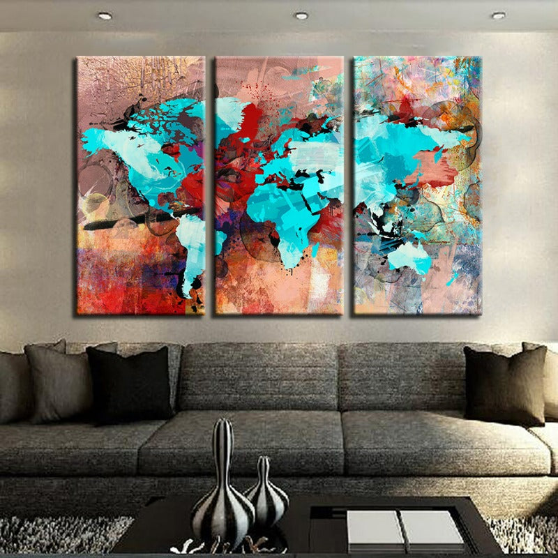 Abstract Canvas Art Set of 3 - Sea Blue and Red World Map Decor