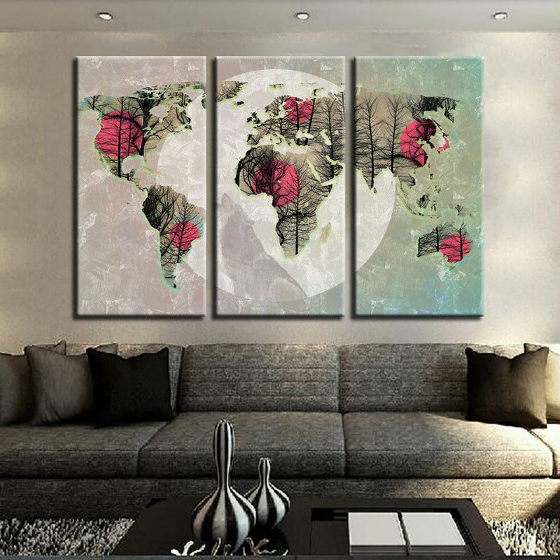 Abstract Pink Sun World Map Canvas Art Set - 3 Piece Wall Decor