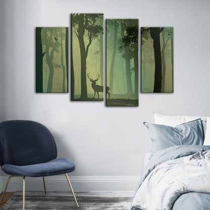 Majestic Green Forest Deer - 4 Piece Canvas Art Set