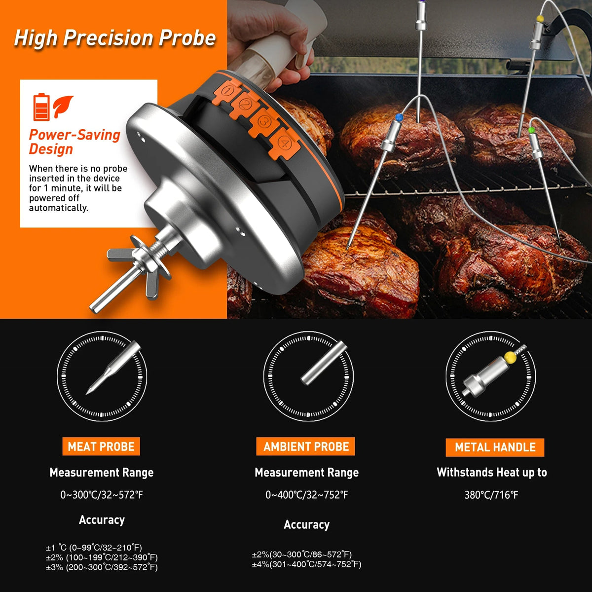 Bluetooth Meat Thermometer with Wireless Connectivity - 2/4 Probes for BBQ and Oven