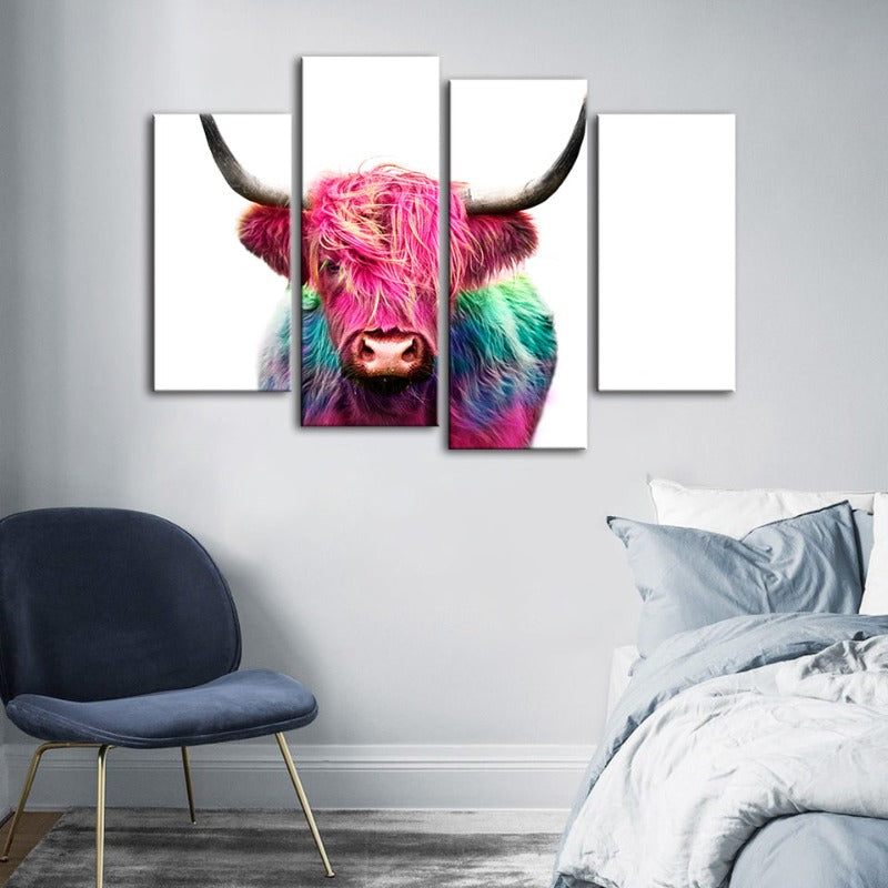 Charming Pink Cow Canvas Art Set - 4 Pieces for Vibrant Decor