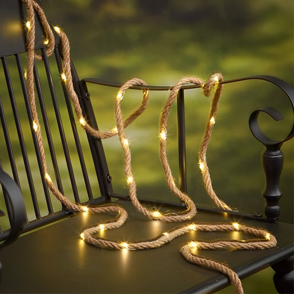 Battery-Powered Solar LED String Lights with Hemp Rope - 100/200 Bulbs