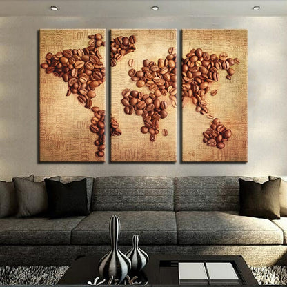 Set of 3 Canvas Art Pieces - Abstract World Map with Coffee Beans