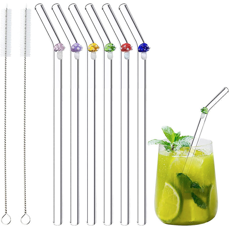 Set of 6 Reusable Stained Glass Drinking Straws with Cleaning Brush