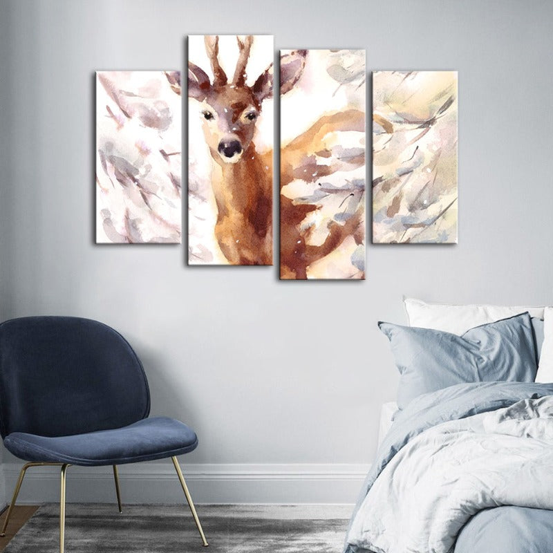 Serene Snowy Deer - 4-Piece Canvas Artwork for Home Décor