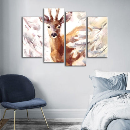 Serene Snowy Deer - 4-Piece Canvas Artwork for Home Décor