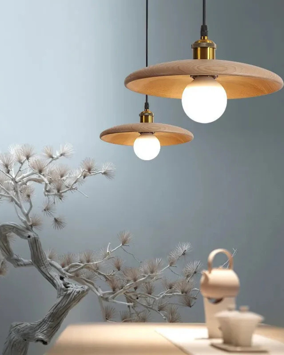 Japandi Zen Style Pendant Light with Slim Wooden Shade