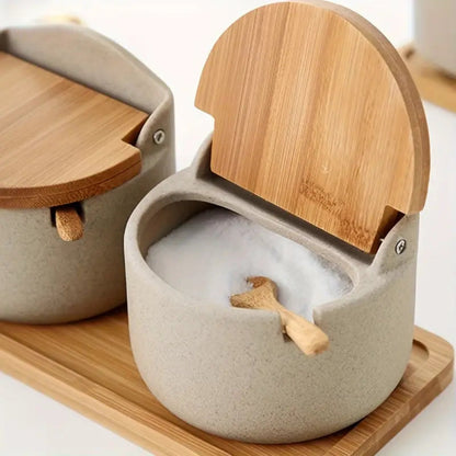 Elegant Bamboo and Ceramic Spice Storage Duo
