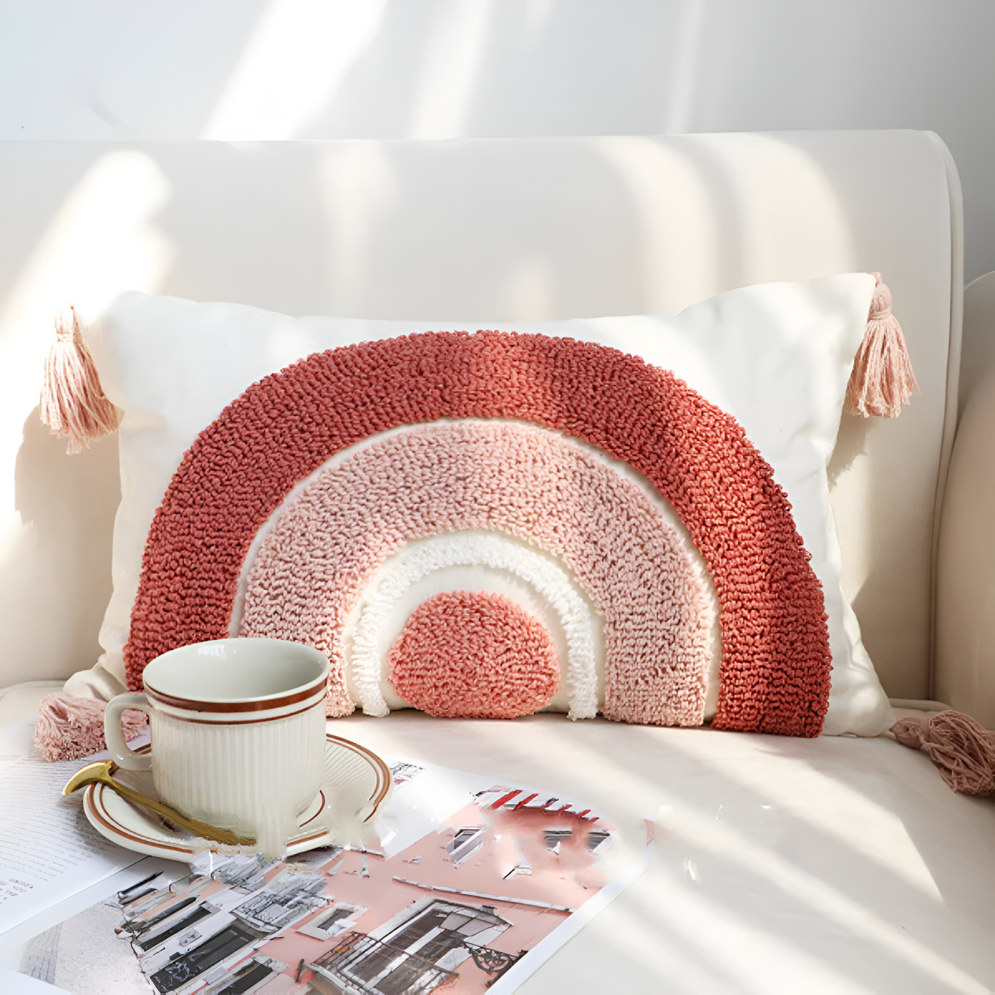 Chic Bohemian Throw Pillow Cover with Rainbow Design