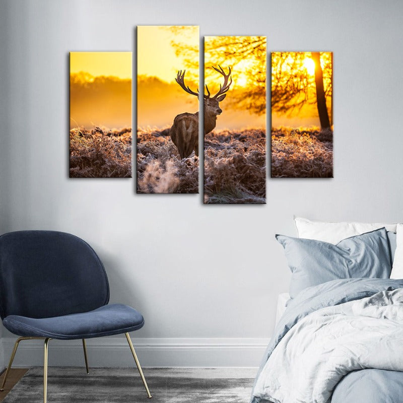 Serene Dawn Deer Canvas Art - 4 Piece Set for Home Decor