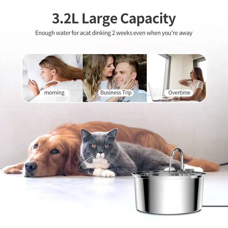 Stainless Steel Cat Water Fountain - 3L Capacity