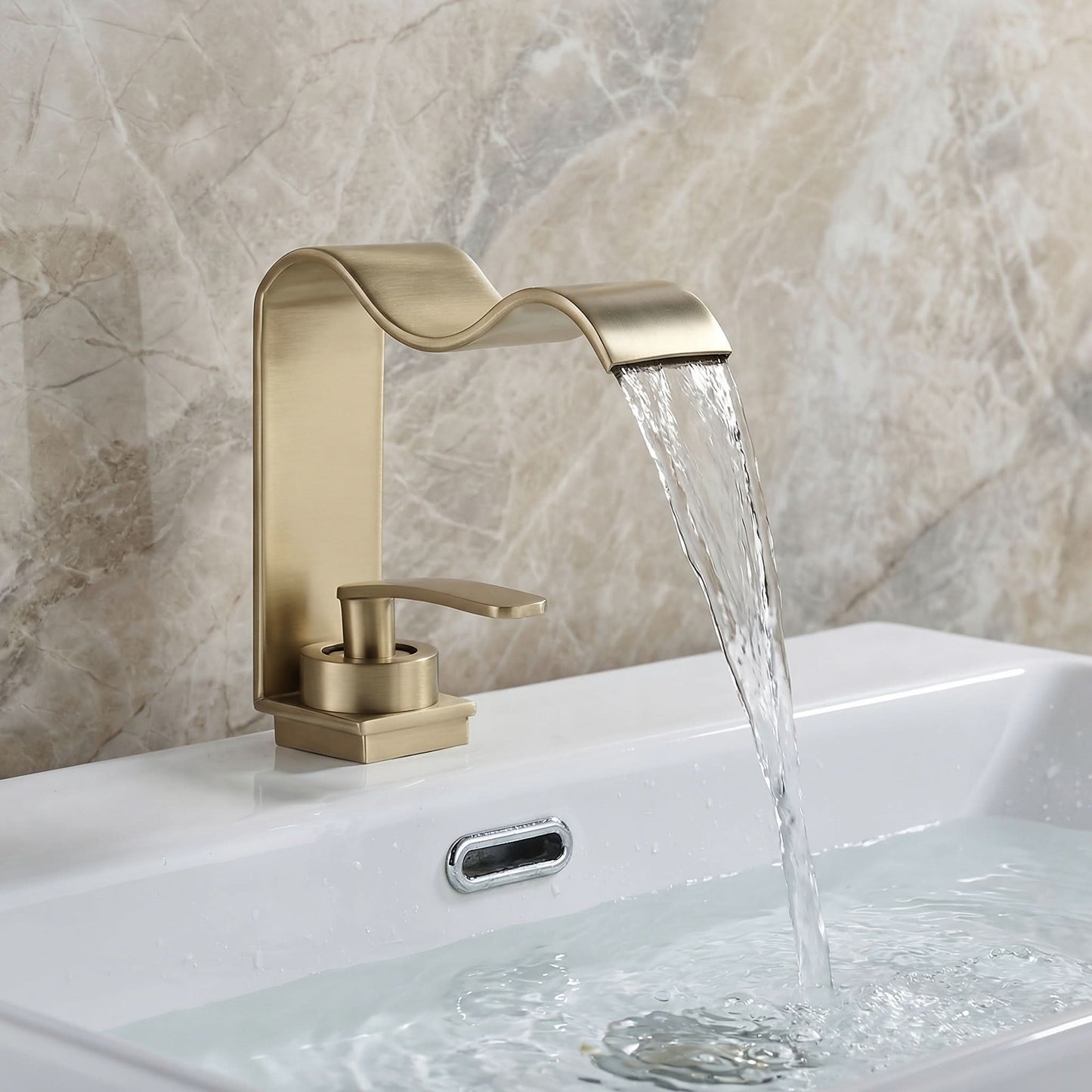 Brushed Brass Basin Faucet with Waterfall Spout