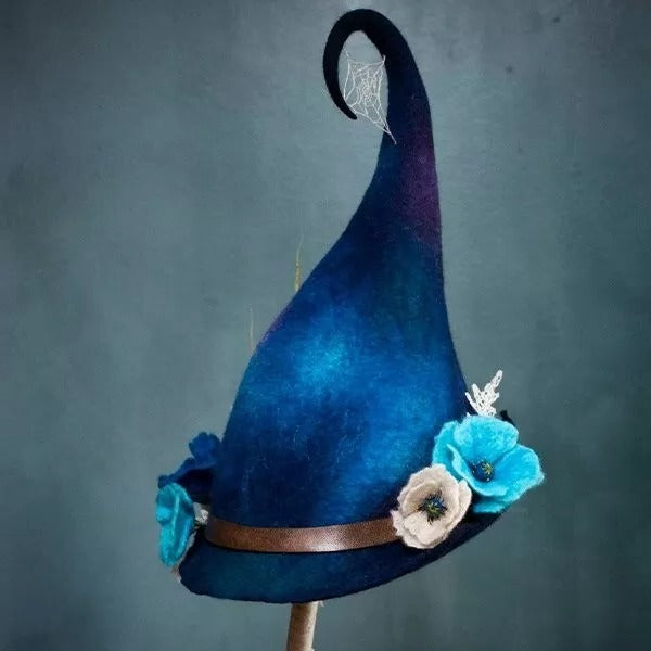 Handcrafted Witch Hat in Merino Wool and Silk Chiffon - Hexagonal Design