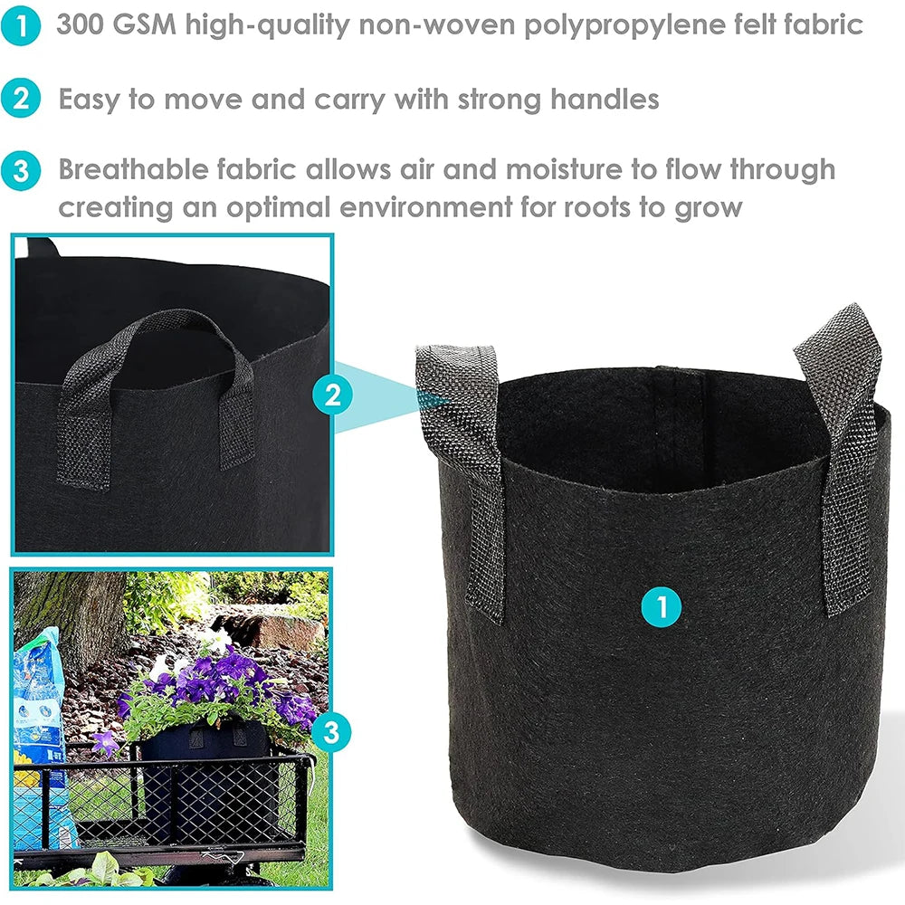 Breathable Plant Bags Set with Handles | Root Aeration | 5-Pack Pots | 11–114 L