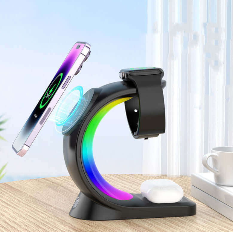 4-in-1 Wireless Charging Station with Atmosphere Light for Smartphones, AirPods Pro, and Apple Watch