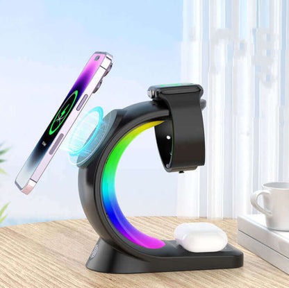 4-in-1 Wireless Charging Station with Atmosphere Light for Smartphones, AirPods Pro, and Apple Watch