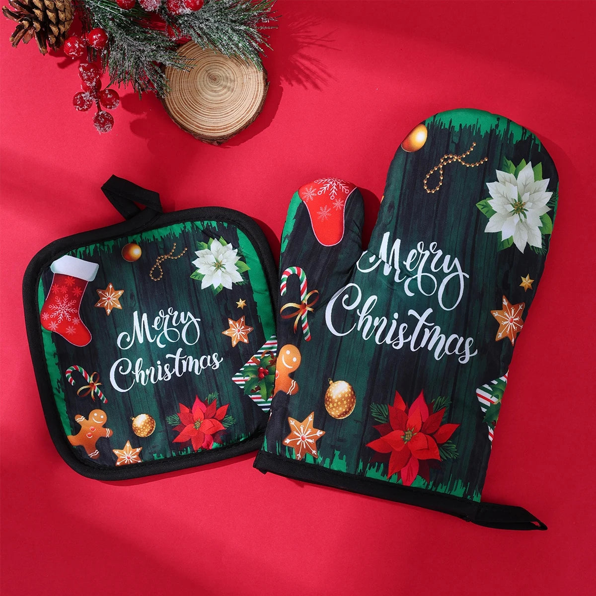 Festive Christmas Oven Mitts Set | Heat-Resistant Kitchen Gloves for Holidays