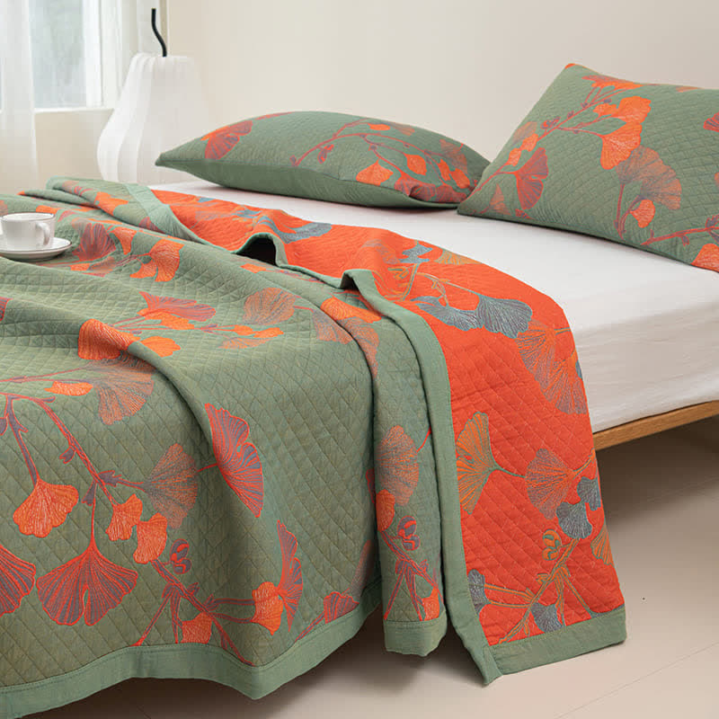 Reversible Cotton Blanket with Orange Ginkgo Leaf Design