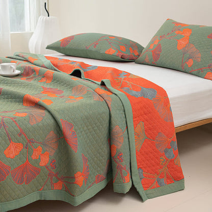 Reversible Cotton Blanket with Orange Ginkgo Leaf Design