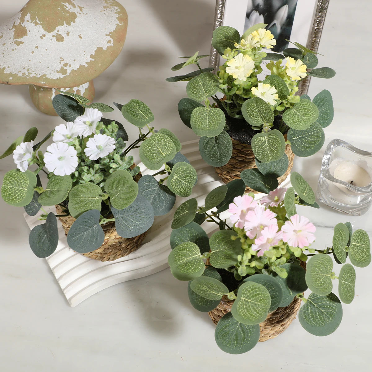 Mini Artificial Eucalyptus with Flowers | 11 cm | Includes Woven Basket | Easy-Care Indoor Decoration