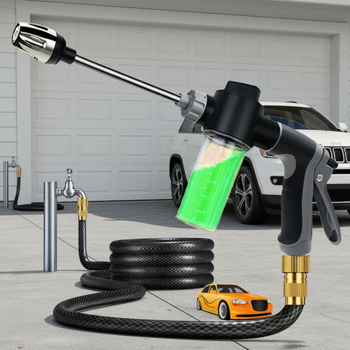 High-Pressure Garden Hose Nozzle with Foam Cannon and Extended Handle