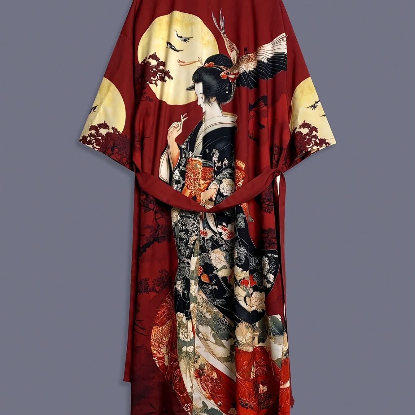Vintage Satin Kimono Cover-Up with Japanese Print Design