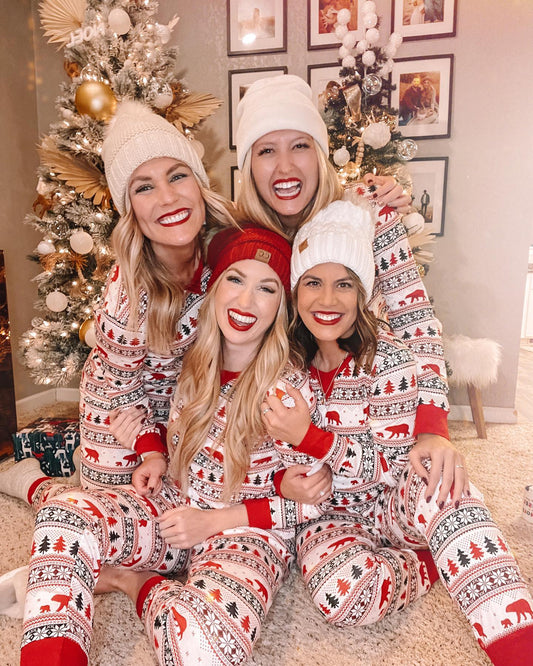 Cute Matching Family Christmas Pajamas with Christmas Tree and Bear Design