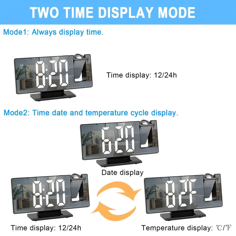 180° Adjustable LED Projection Clock – Snooze, 12/24H Time & Temp Display, Mirror Design – USB Powered, Night Mode & Memory Function
