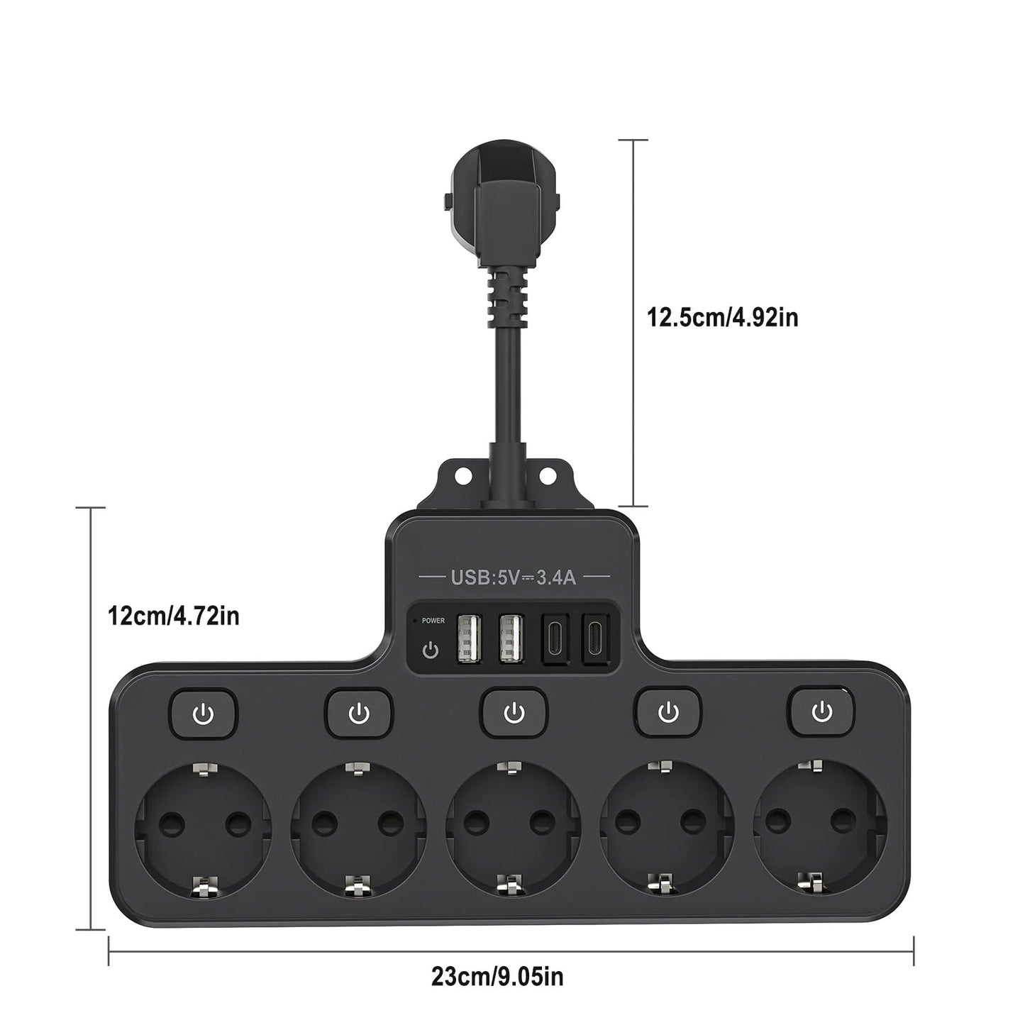 9-in-1 Power Strip with 5 AC Outlets and 4 USB Ports (2 Type-C) - 16A, 10 cm Short Cable, Individual Switch Control