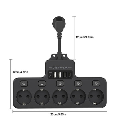 9-in-1 Power Strip with 5 AC Outlets and 4 USB Ports (2 Type-C) - 16A, 10 cm Short Cable, Individual Switch Control