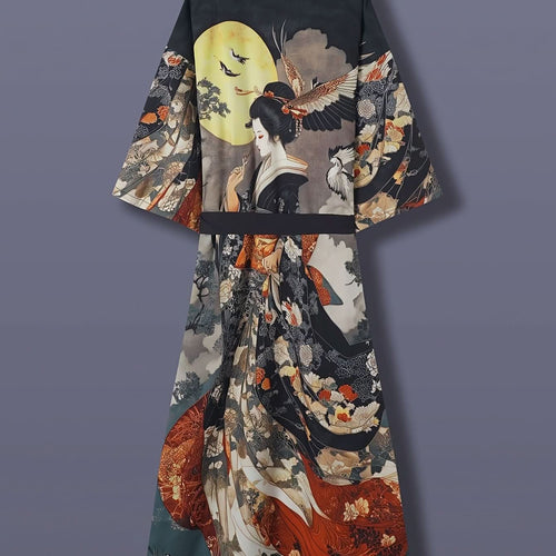 Vintage Satin Kimono Cover-Up with Japanese Print Design