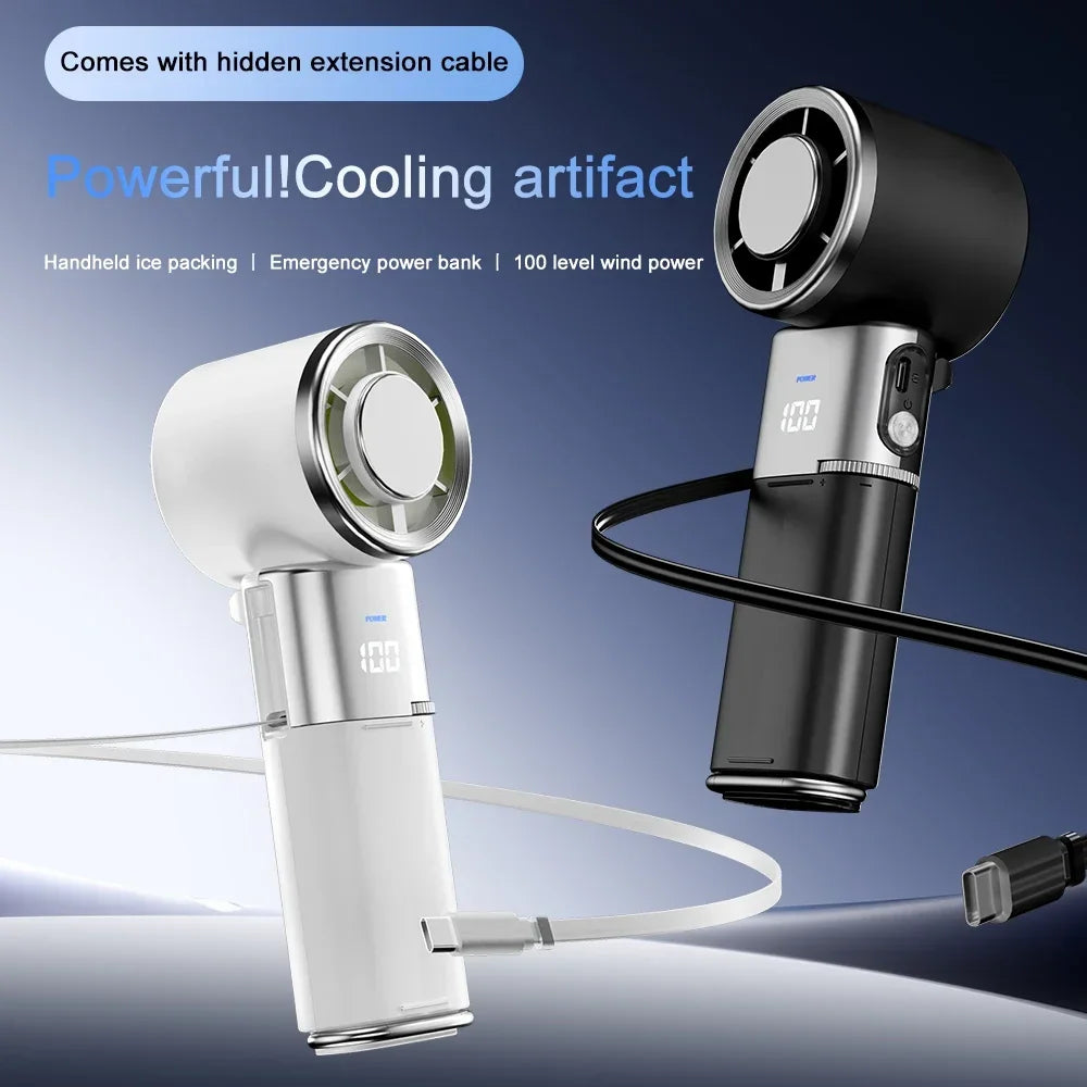 Portable Turbo Hand Fan with 9000mAh Battery | 100 Air Flow Levels | Cooling Plate Included | USB-C Charging Cable