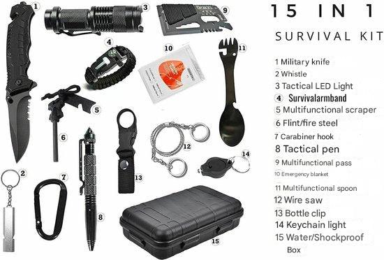15-in-1 Outdoor and Emergency Survival Kit with Solar Light and Tools - Compact and Waterproof