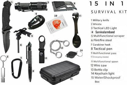 15-in-1 Outdoor and Emergency Survival Kit with Solar Light and Tools - Compact and Waterproof