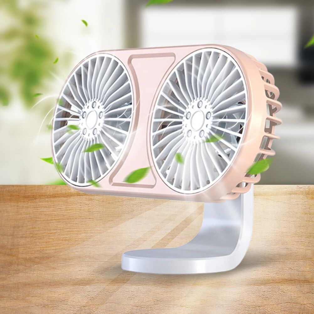 Dual-Head Car Fan with 360° Rotation and Ambient Lighting - USB Powered