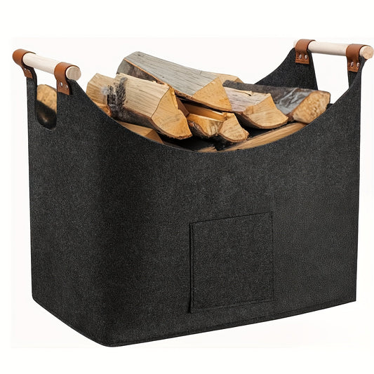 Foldable Felt Wooden Box 55 Liters with Wooden Handles and Leather Accents, Dark Gray