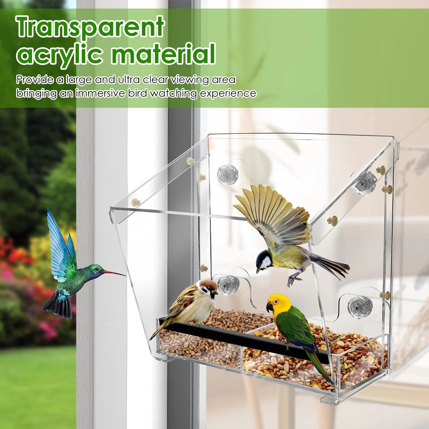 Acrylic Bird Feeder with Suction Cups for Window Mounting - Clear Design