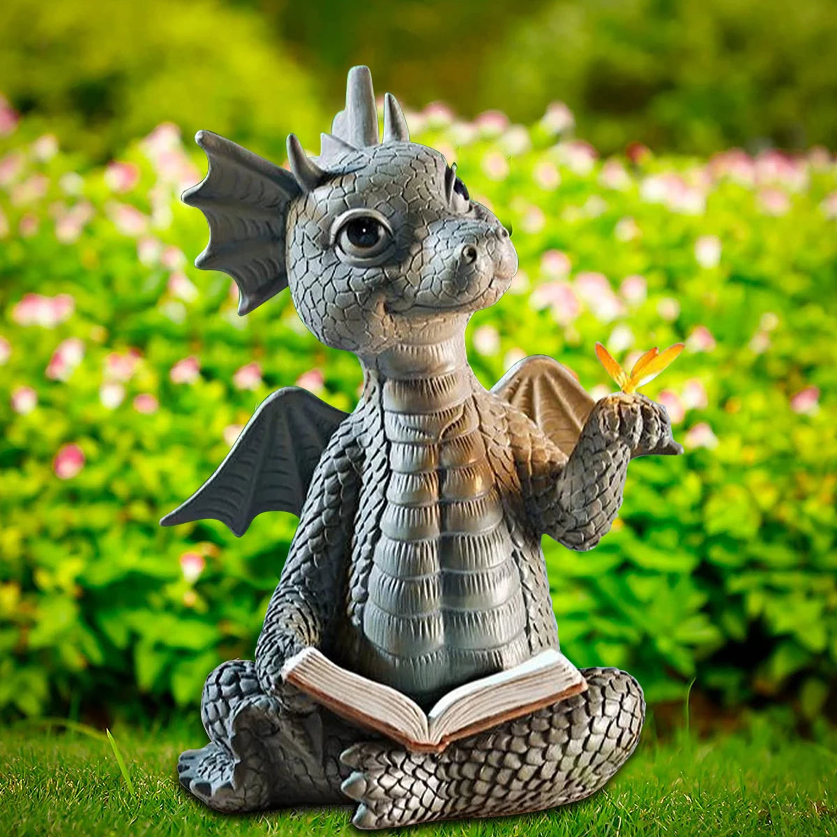 Charming Reading Dragon Garden Statue | Resin Figure for Home & Outdoor Decor