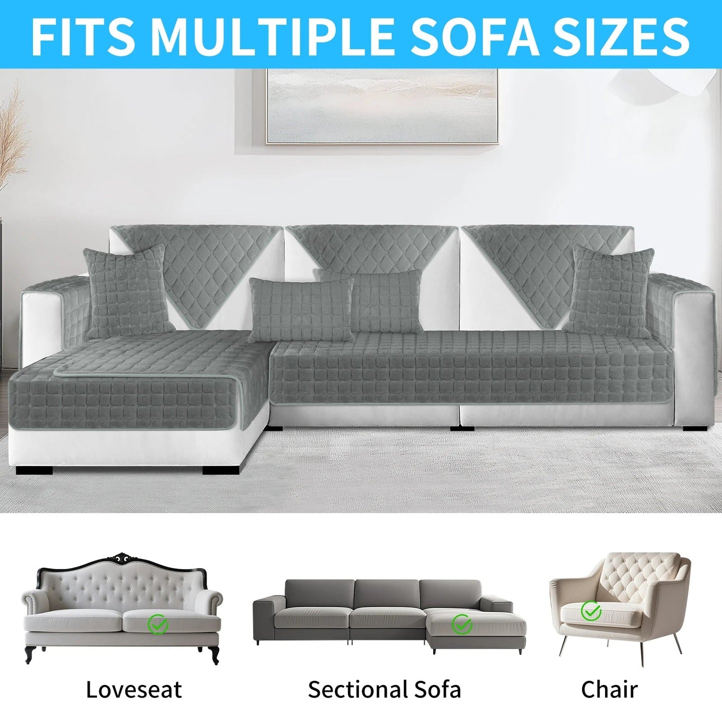Plush Sofa Cover with Quilted Design – Non-Slip, Washable Protector for Couch & Sectional